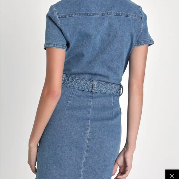 Distinct Icon Medium Wash Denim Belted Mini Dress With Pockets - Picture 3 of 3